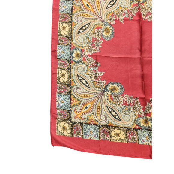 Square Silk Scarf Red With Ornate Paisley Floral Print 27.5 inch Square Wild Rag - Picture 15 of 16